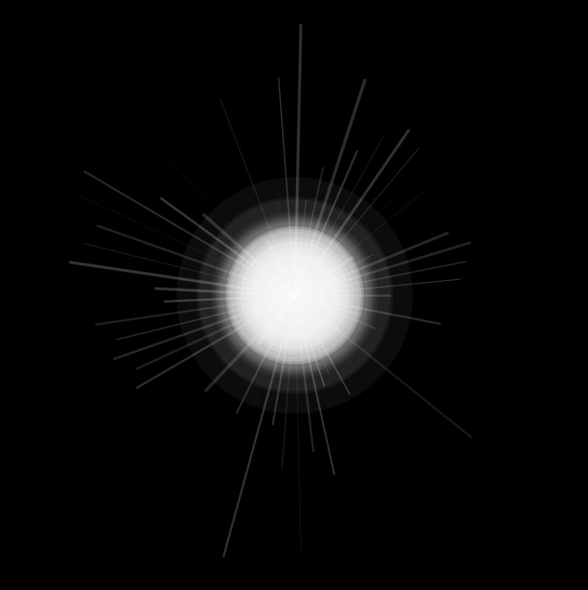 white orb with white lines radiating from its center