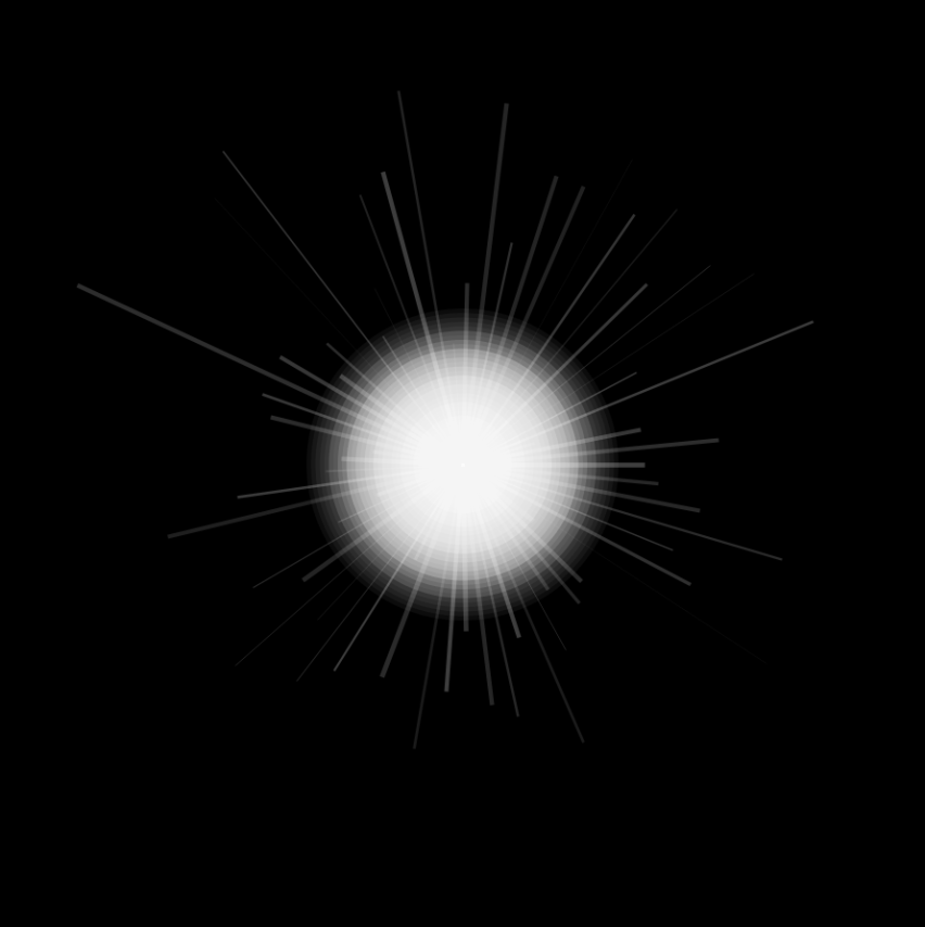 white orb with white lines radiating from its center